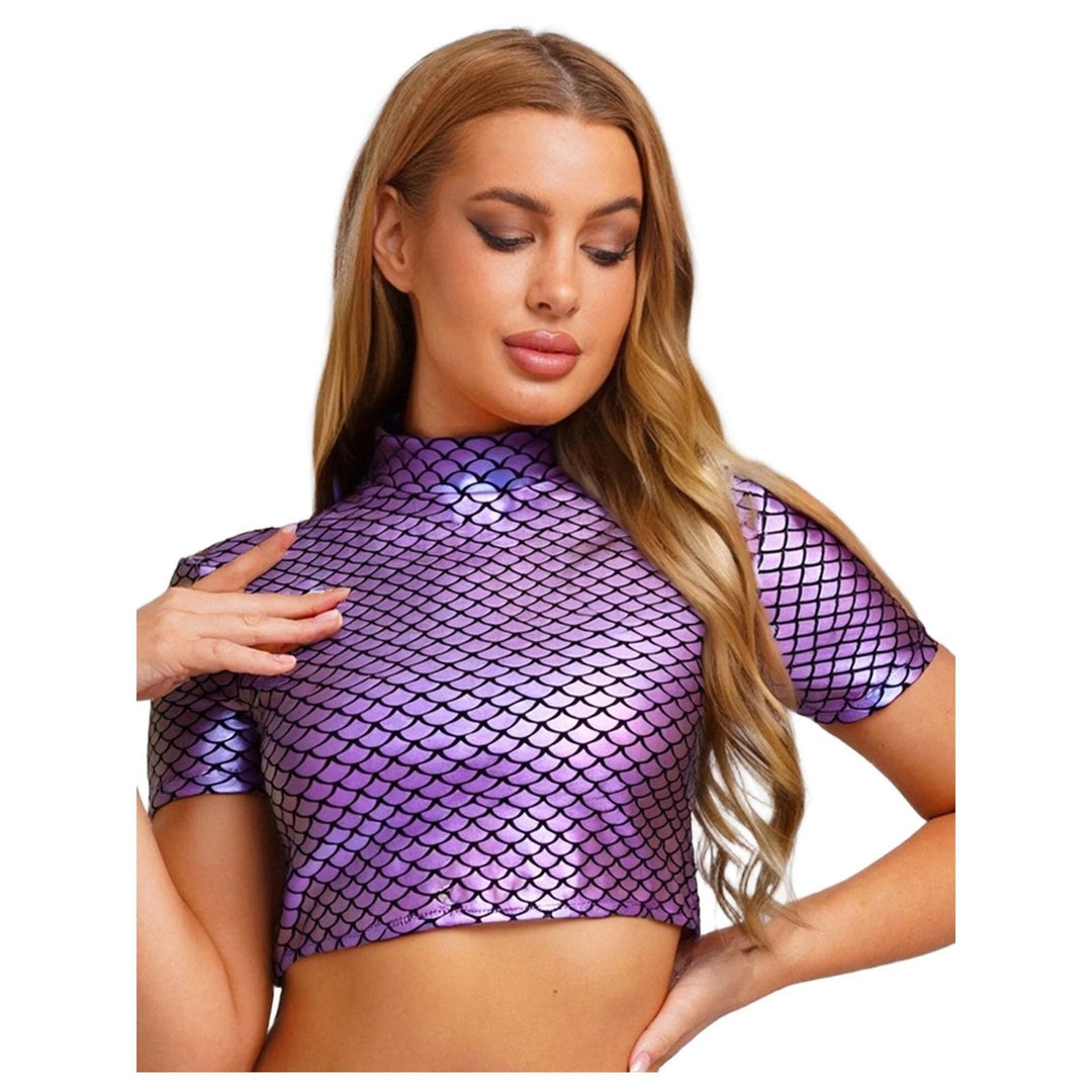 Damen Glitzerndes Cropped Shirt mit schimmerndem Fischschuppen-Muster R&B