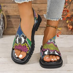 Damen bequeme Riemchen-Sandalen mit buntem Muster R&B