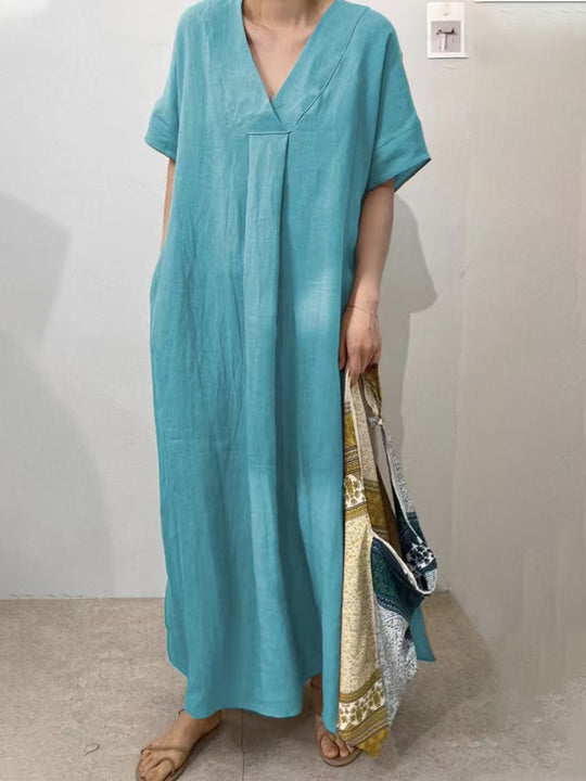 Damen Langes Leinenkleid mit V-Ausschnitt und lässigem Schnitt R&B