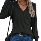 Damen Strickpullover mit V-Ausschnitt und dekorativen Rippdetails R&B