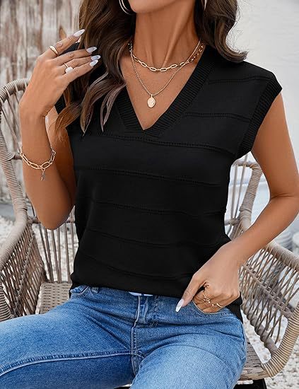 Damen ärmelloses Stricktop mit V-Ausschnitt und strukturiertem Design R&B