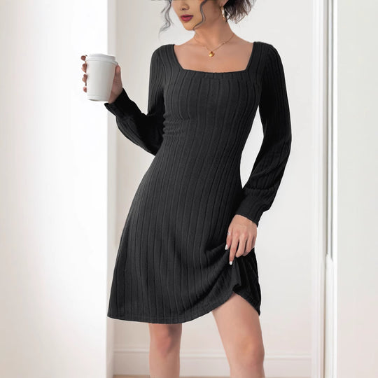 Damen Strickkleid mit quadratischem Ausschnitt und langen Ärmeln R&B