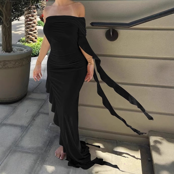 Damen Elegantes Off-Shoulder Maxikleid mit asymmetrischem Saum und Rüschendetails R&B