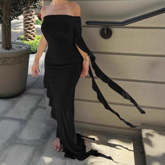 Damen Elegantes Off-Shoulder Maxikleid mit asymmetrischem Saum und Rüschendetails R&B