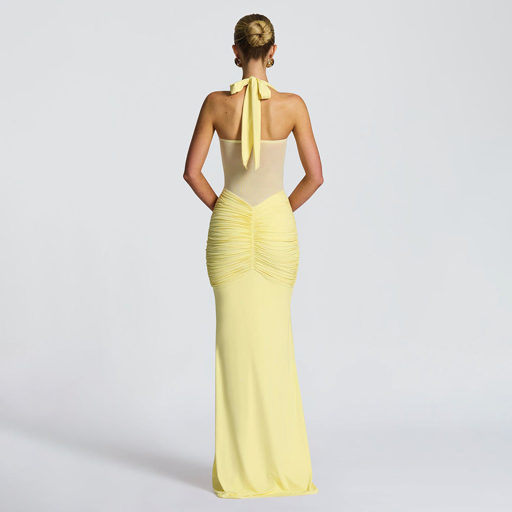 Damen nan figurbetontes Neckholder-Abendkleid mit transparentem Mesh-Einsatz und geraffter Hüftpartie R&B