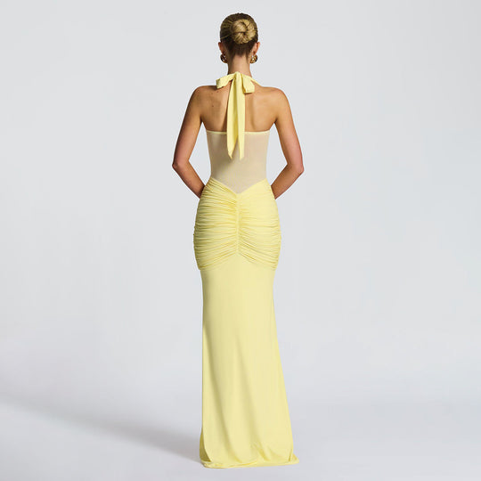 Damen nan figurbetontes Neckholder-Abendkleid mit transparentem Mesh-Einsatz und geraffter Hüftpartie R&B
