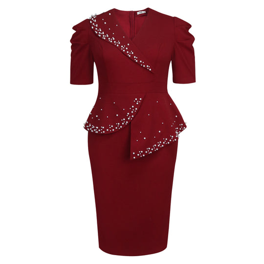 Damen figurbetontes Wickelkleid mit Rüschen und Perlenakzenten R&B