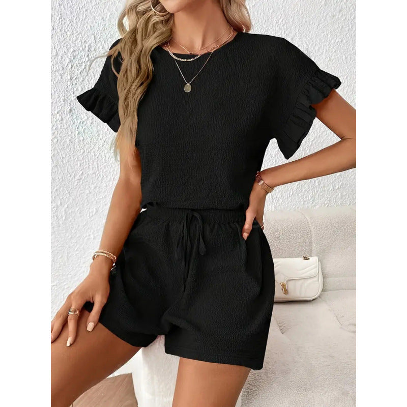 Damen lässiger Shortsanzug mit Rüschendetails und elastischem Taillenzug R&B