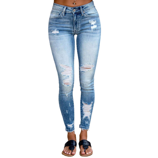 Damen Skinny Jeans im angesagten Destroyed-Look mit hohem Bund und ausgefranstem Saum R&B