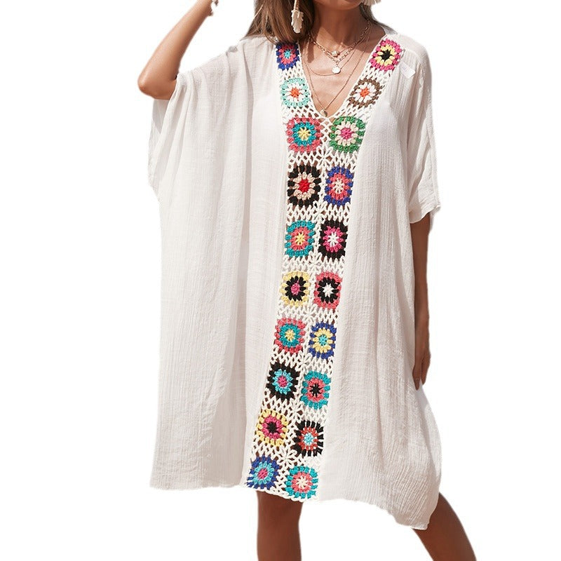 Damen Häkel-Strandtunika im lässigen Oversize-Stil mit bunten Applikationen R&B