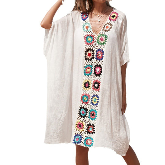 Damen Häkel-Strandtunika im lässigen Oversize-Stil mit bunten Applikationen R&B