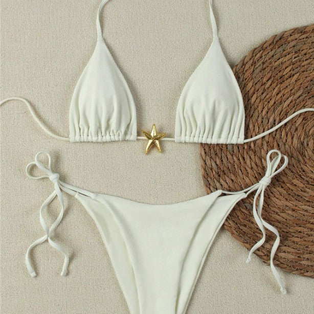 Damen Triangel-Bikini-Set mit verstellbaren Trägern und dekorativem Schmuckelement R&B