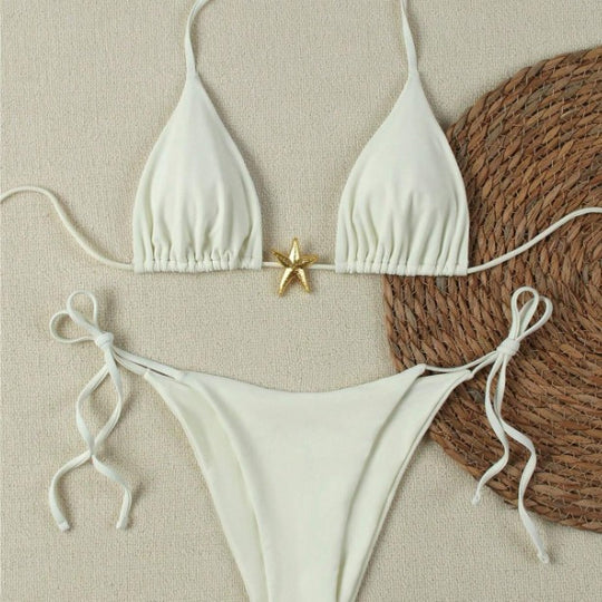 Damen Triangel-Bikini-Set mit verstellbaren Trägern und dekorativem Schmuckelement R&B