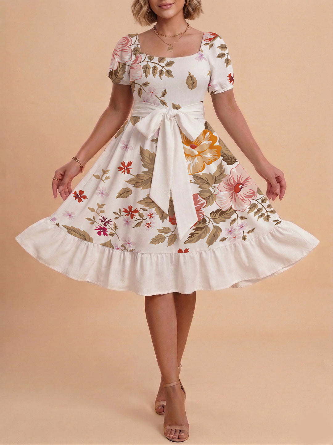 Damen Sommerliches Blumenkleid mit taillierbarem Gürtel und voluminösen Ärmeln R&B