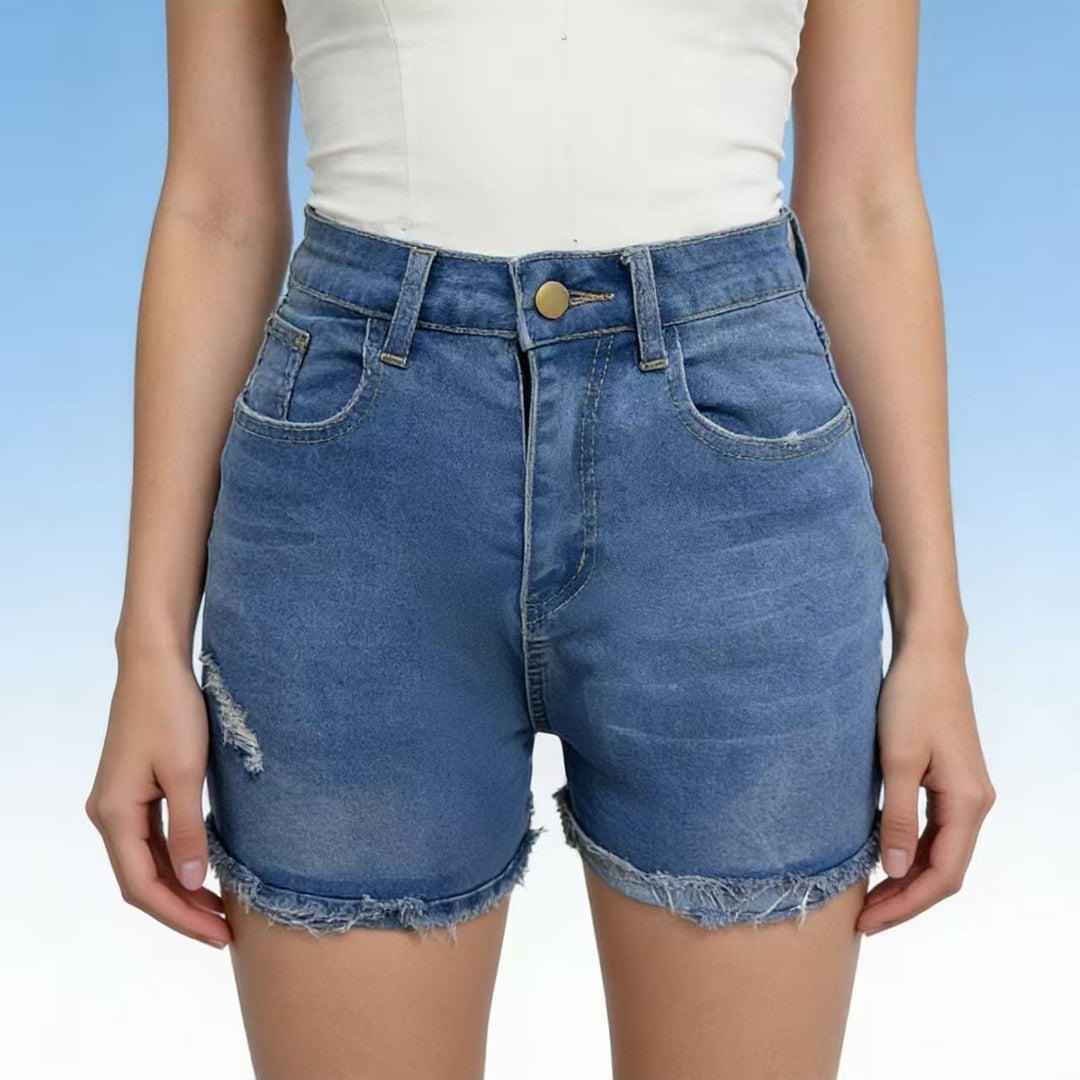 Damen lässige High-Waist Denim-Shorts mit Fransen und modischen Destroyed-Details R&B