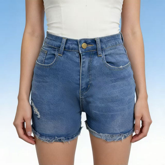 Damen lässige High-Waist Denim-Shorts mit Fransen und modischen Destroyed-Details R&B