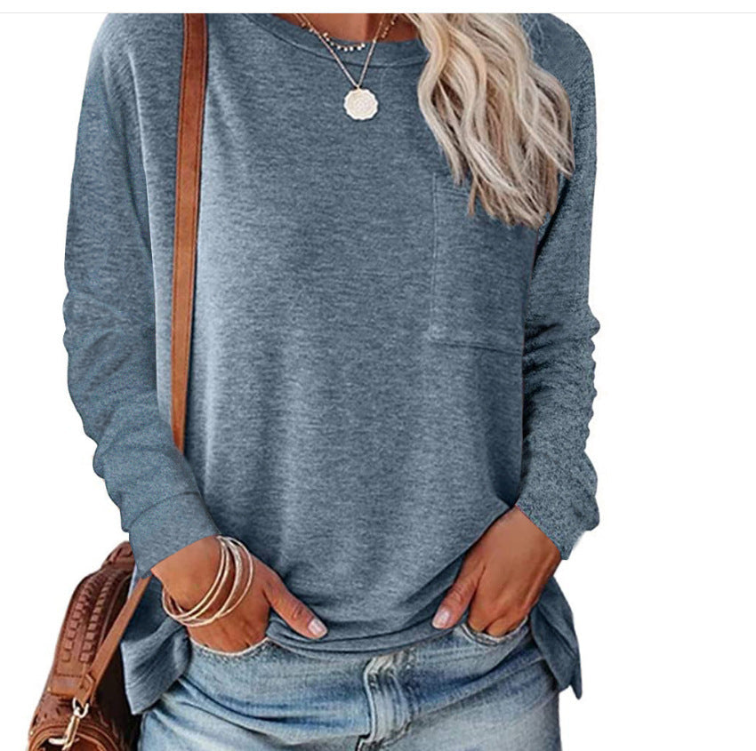 Damen lässiges Langarmshirt mit Taschen und Rundhalsausschnitt R&B