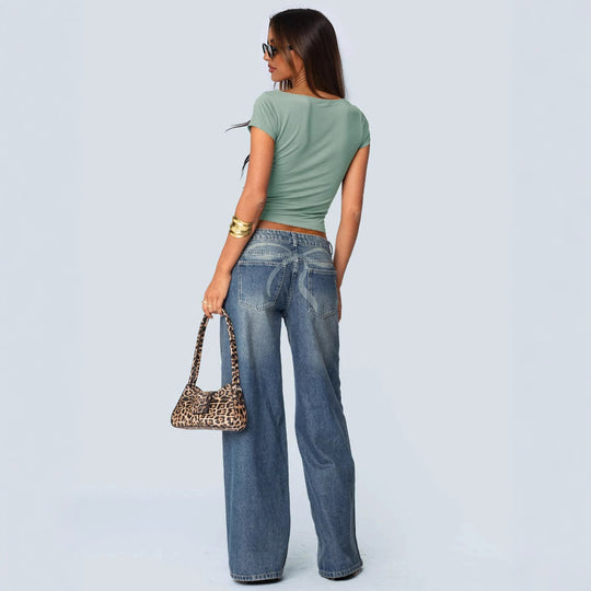 Damen figurbetontes T-Shirt mit elegantem Wasserfallausschnitt R&B