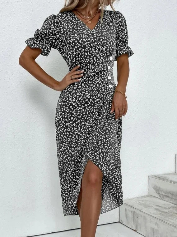 Damen Midikleid mit floralen Mustern und schmeichelndem V-Ausschnitt R&B