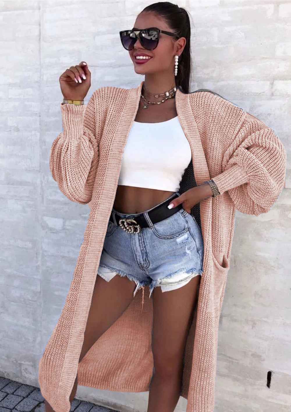 Damen Langer Strickcardigan mit weiten Ärmeln und praktischen Taschen R&B