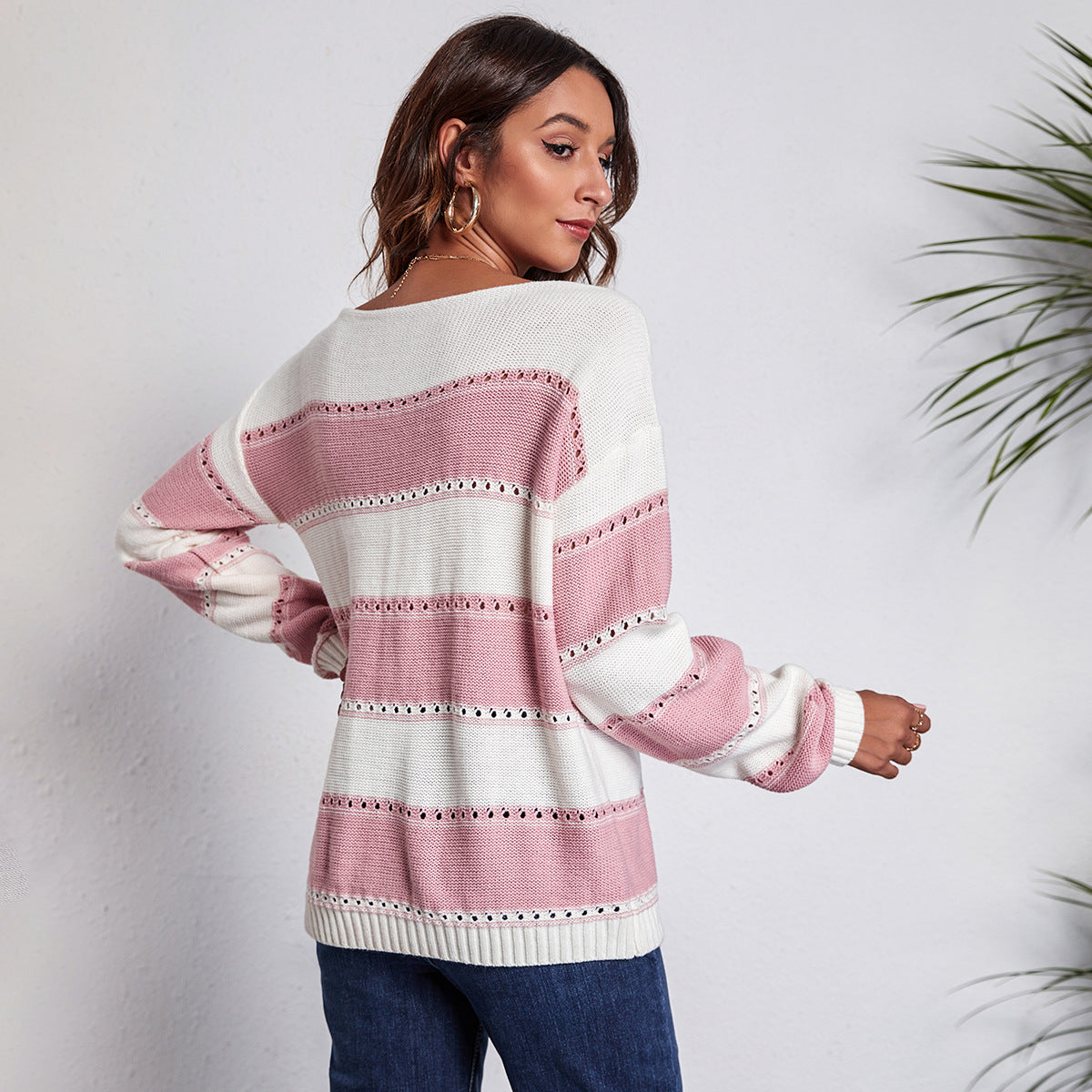 Damen Lässiger Strickpullover mit trendigem Streifenmuster und funkelnden Details R&B