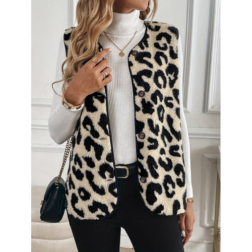 Damen Fellweste mit Leopardenmuster und Knopfverschluss R&B