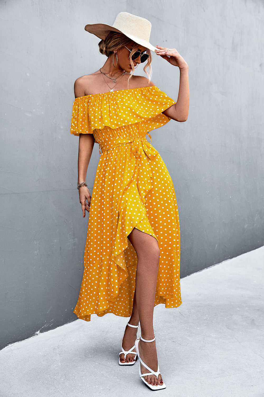 Damen Off-Shoulder Maxikleid mit Rüschendetails und seitlichem Schlitz R&B