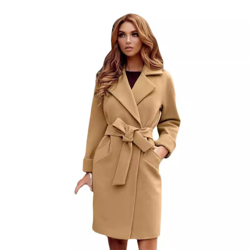 Damen eleganter Trenchcoat mit Taillengürtel und praktischen Taschen R&B