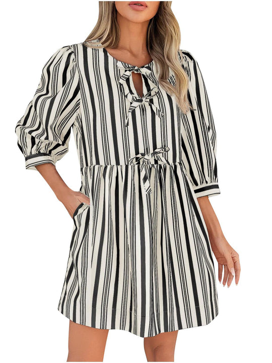 Damen lässiges gestreiftes Sommerkleid mit taillierter Silhouette R&B