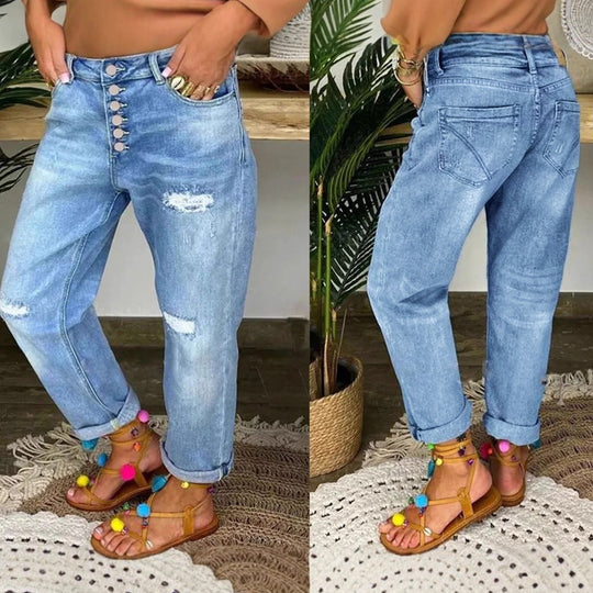 Damen Denim-Bundfaltenhose mit Knopfleiste und modischem Destroyed-Effekt R&B