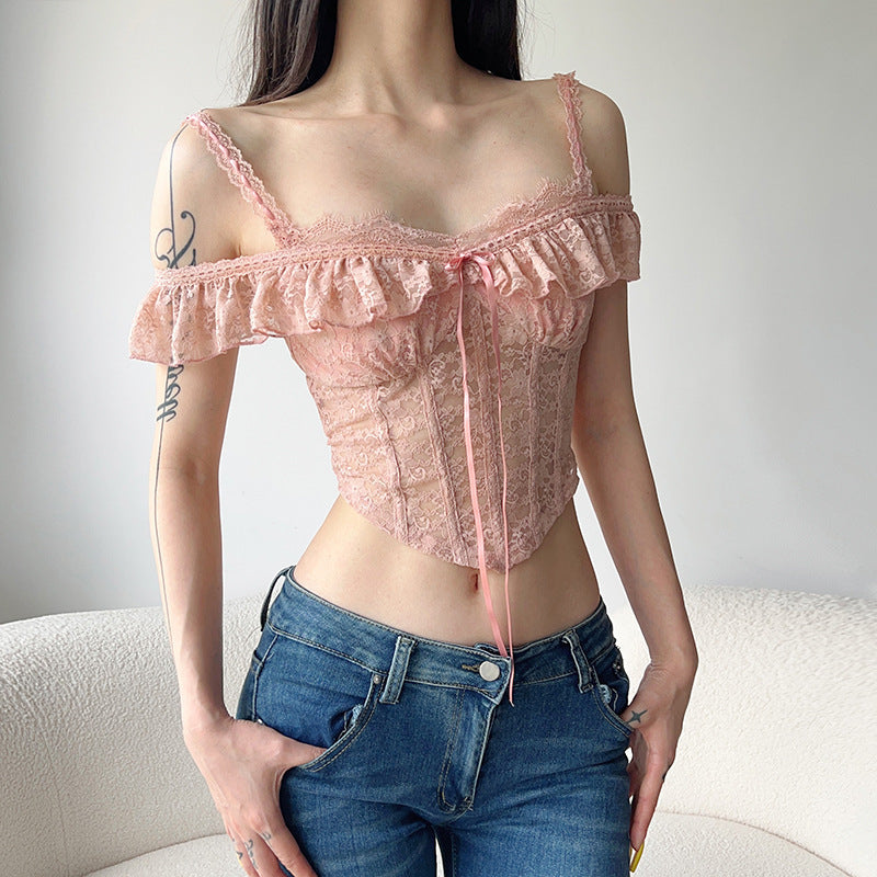 Damen Spitzenoberteil mit Rüschendetails R&B