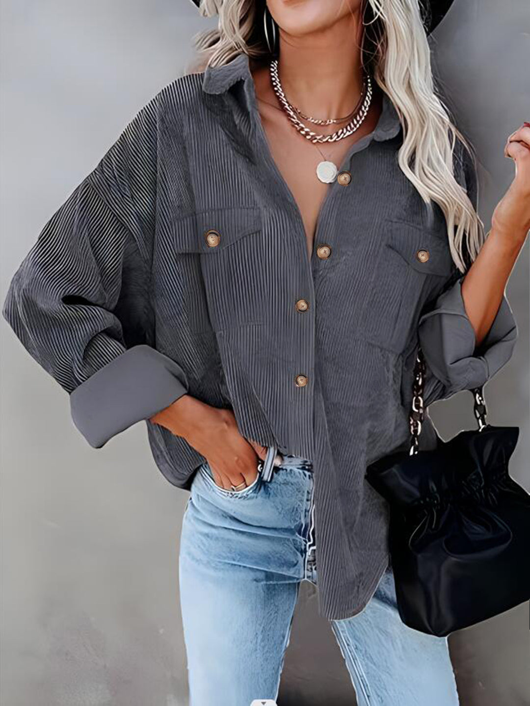 Damen lässige Kordjacke mit praktischen Taschen und Knopfdetails R&B