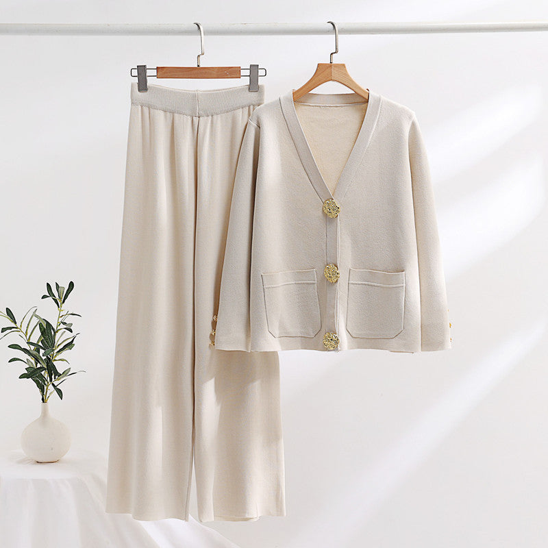Damen elegantes Strick-Loungewear-Set mit weiten Bein und schönen Knöpfen R&B