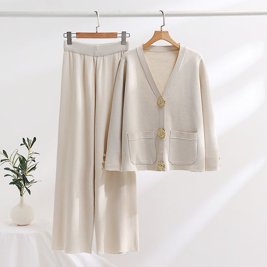 Damen elegantes Strick-Loungewear-Set mit weiten Bein und schönen Knöpfen R&B