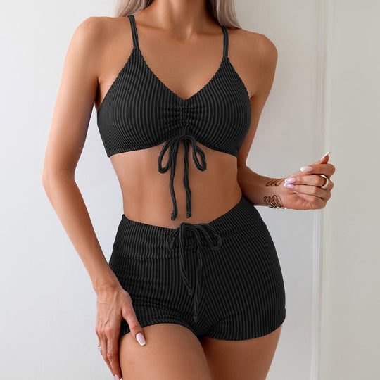 Damen Crop-Bikini-Set mit gerafftem Oberteil und Shorts R&B