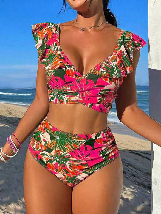 Damen Hoch-tailliertes Badebikini mit verspielten Rüschendetails R&B