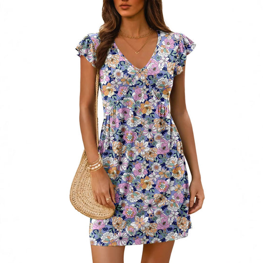 Damen luftiges sommerliches Kleid mit floralem Muster und V-Ausschnitt R&B