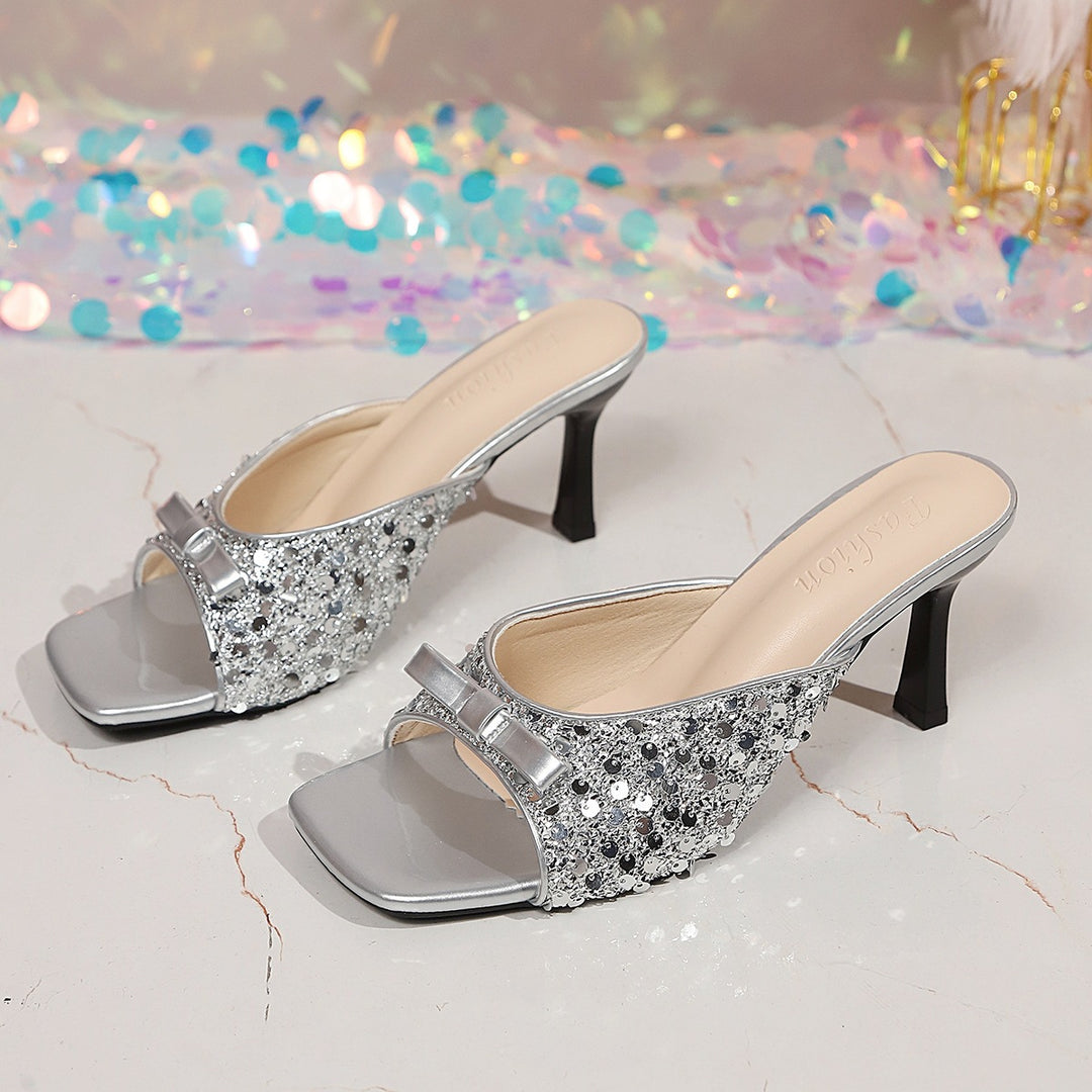 Damen Glamouröse Plateau-Pantoletten mit glitzerndem Obermaterial und dekorativen Details R&B