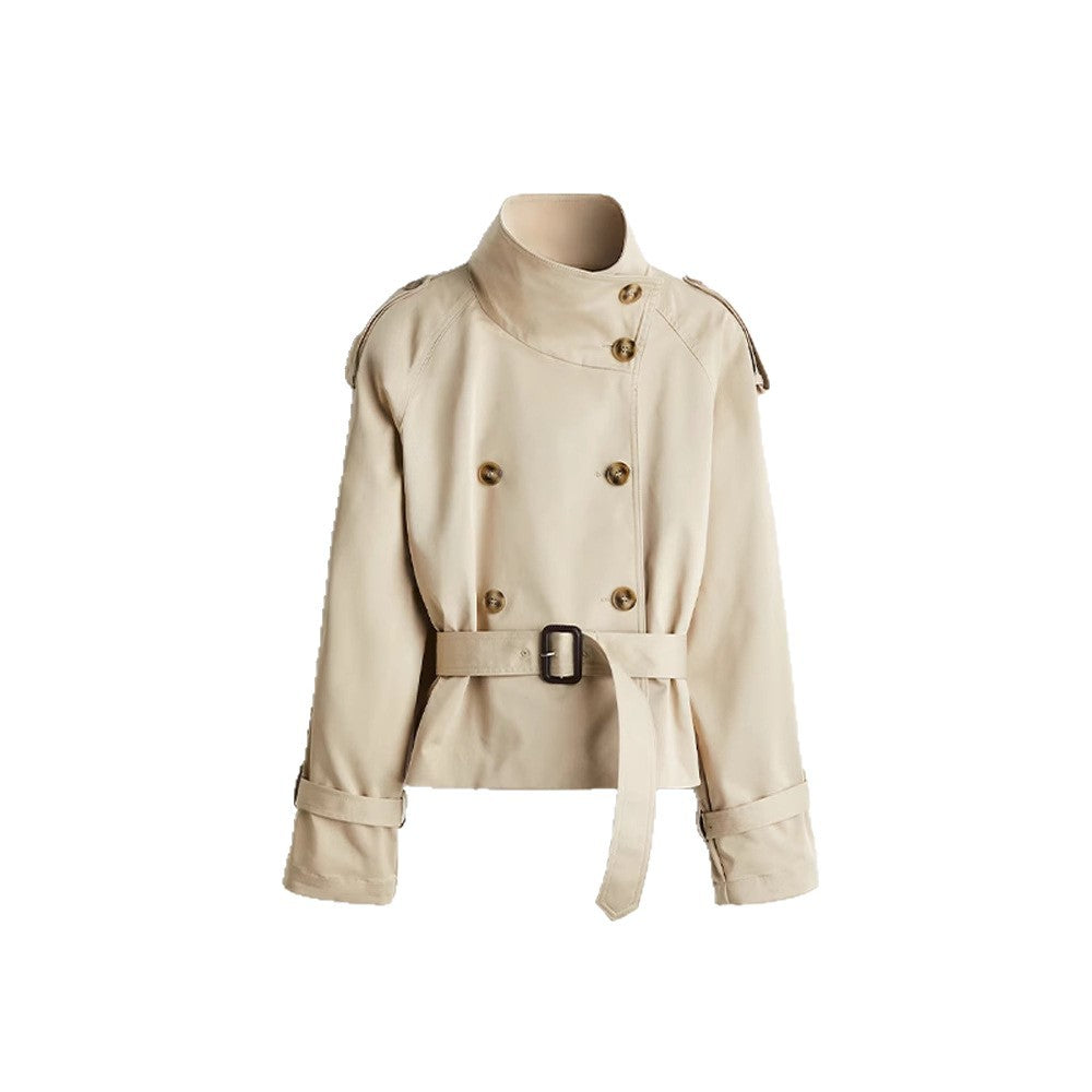 Damen trendige Kurzjacke im modernen Trenchcoat-Stil mit breitem Kragen und Taillengürtel R&B