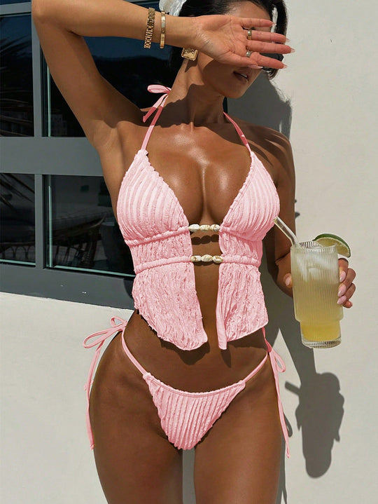 Damen Hochgeschlossenes Bikini-Set mit raffinierten Rüschen R&B