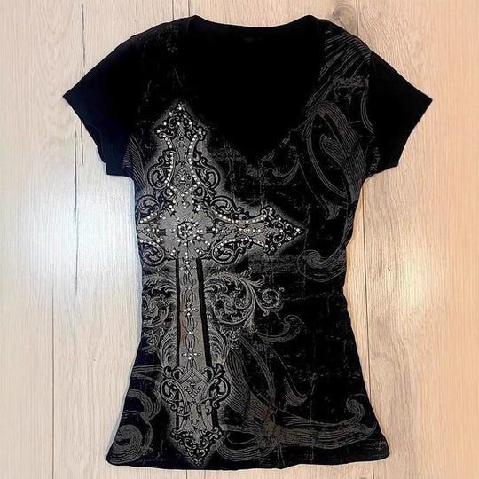 Damen T-Shirt mit aufwendigem Kreuz-Design und Strass-Akzenten R&B