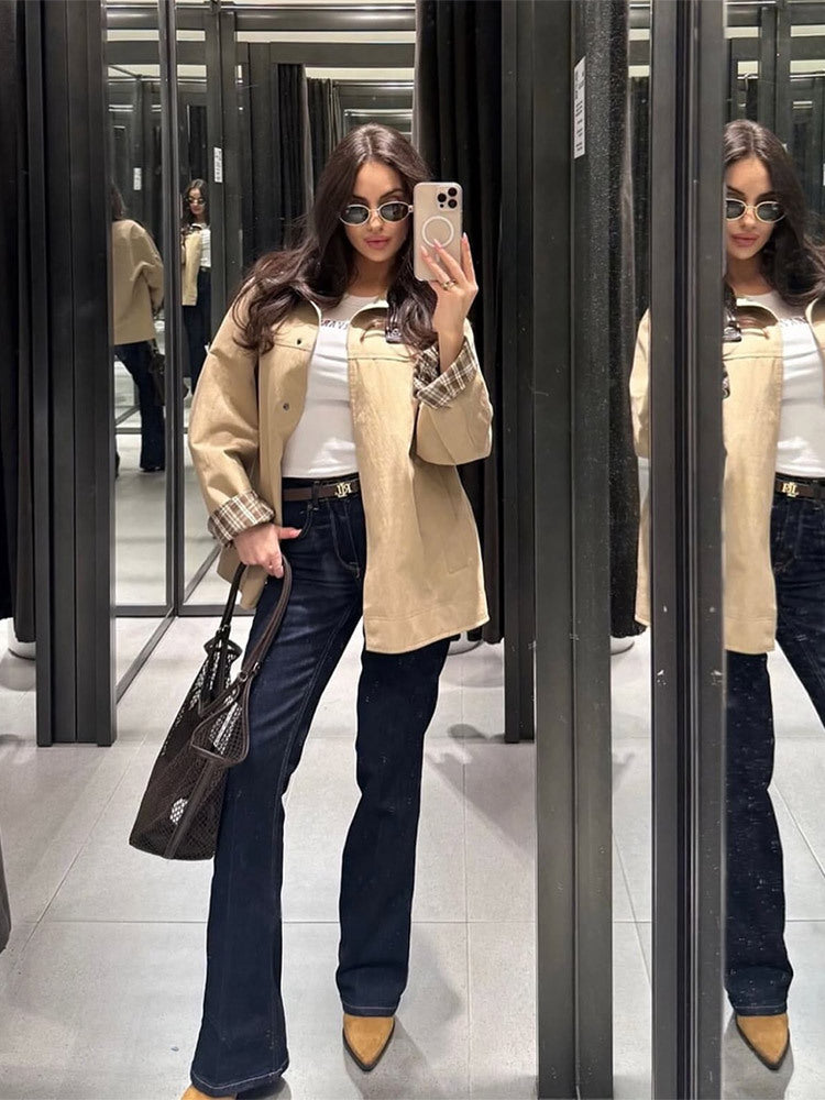 Damen lässige Utility-Jacke mit modischem Karomuster R&B