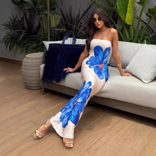 Damen schulterfreies Maxi-Kleid mit floralen Motiven und fließendem Schnitt R&B