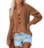 Damen Strickpullover mit V-Ausschnitt und dekorativen Knöpfen R&B
