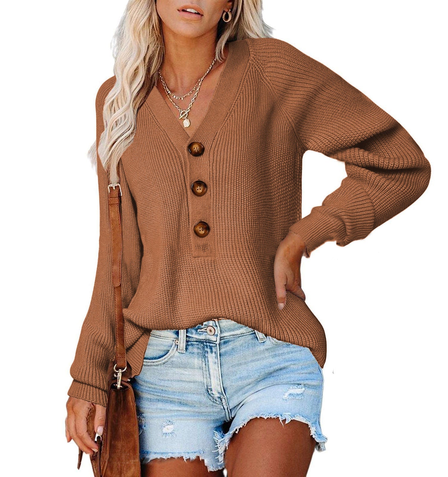 Damen Strickpullover mit V-Ausschnitt und dekorativen Knöpfen R&B