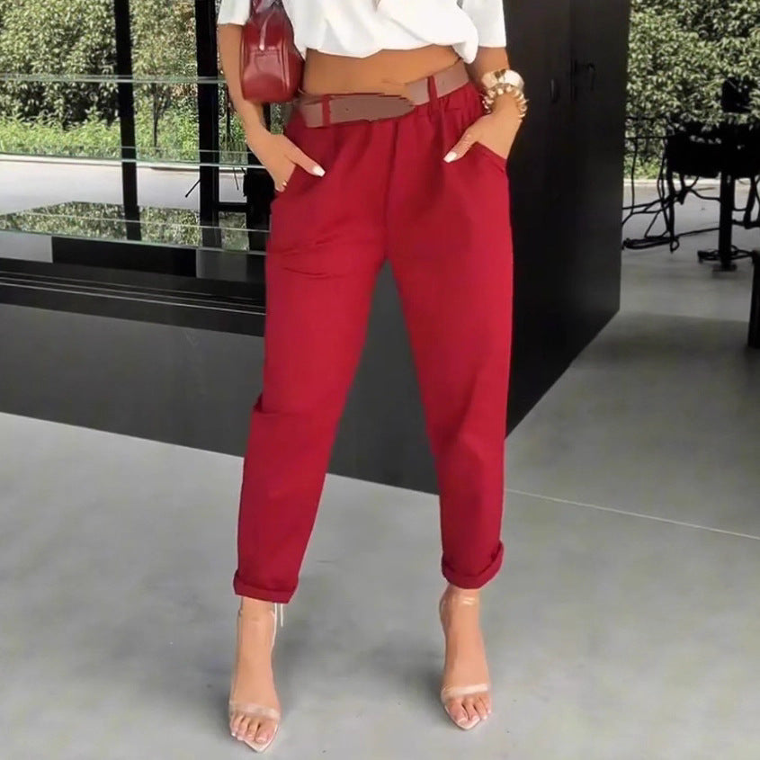 Damen nan hochtaillierte Paperbag-Hose mit gerafftem Bund, Eingrifftaschen und gekrempeltem Saum R&B