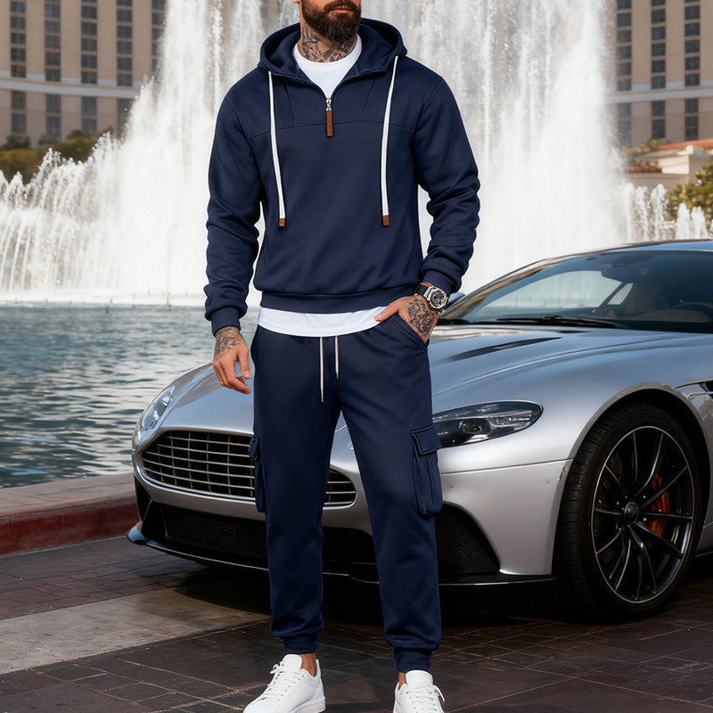 Herren nan lässiger Fleece-Jogginganzug mit halbem Reißverschluss und Cargo-Taschen R&B