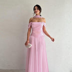 Damen Elegantes Abendkleid mit schulterfreien Puffärmeln und Choker EB