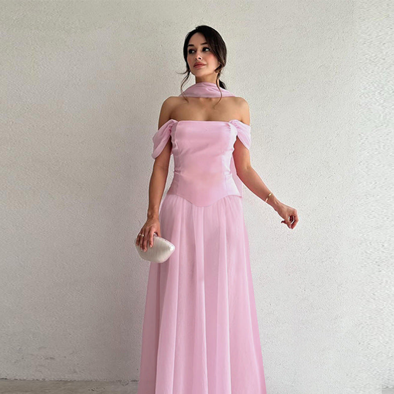 Damen Elegantes Abendkleid mit schulterfreien Puffärmeln und Choker EB