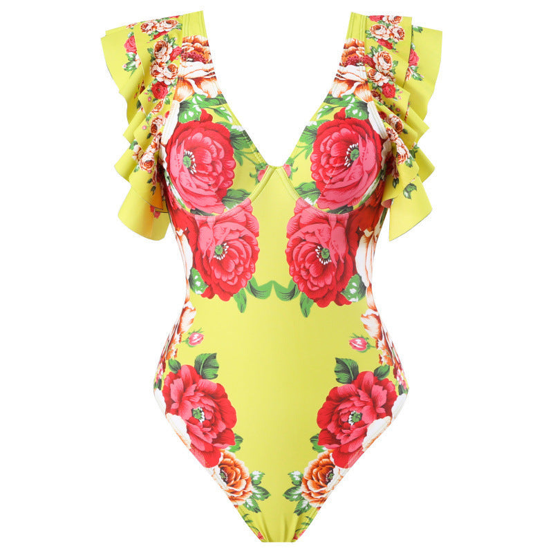 Damen Badeanzug mit Rüschendetails und floralem Überrock R&B